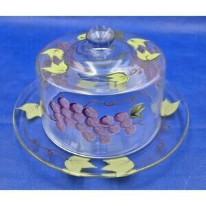Vintage Glass Cloche Plate Set Handpainted Grapes Leaves for Cheese or Pastries